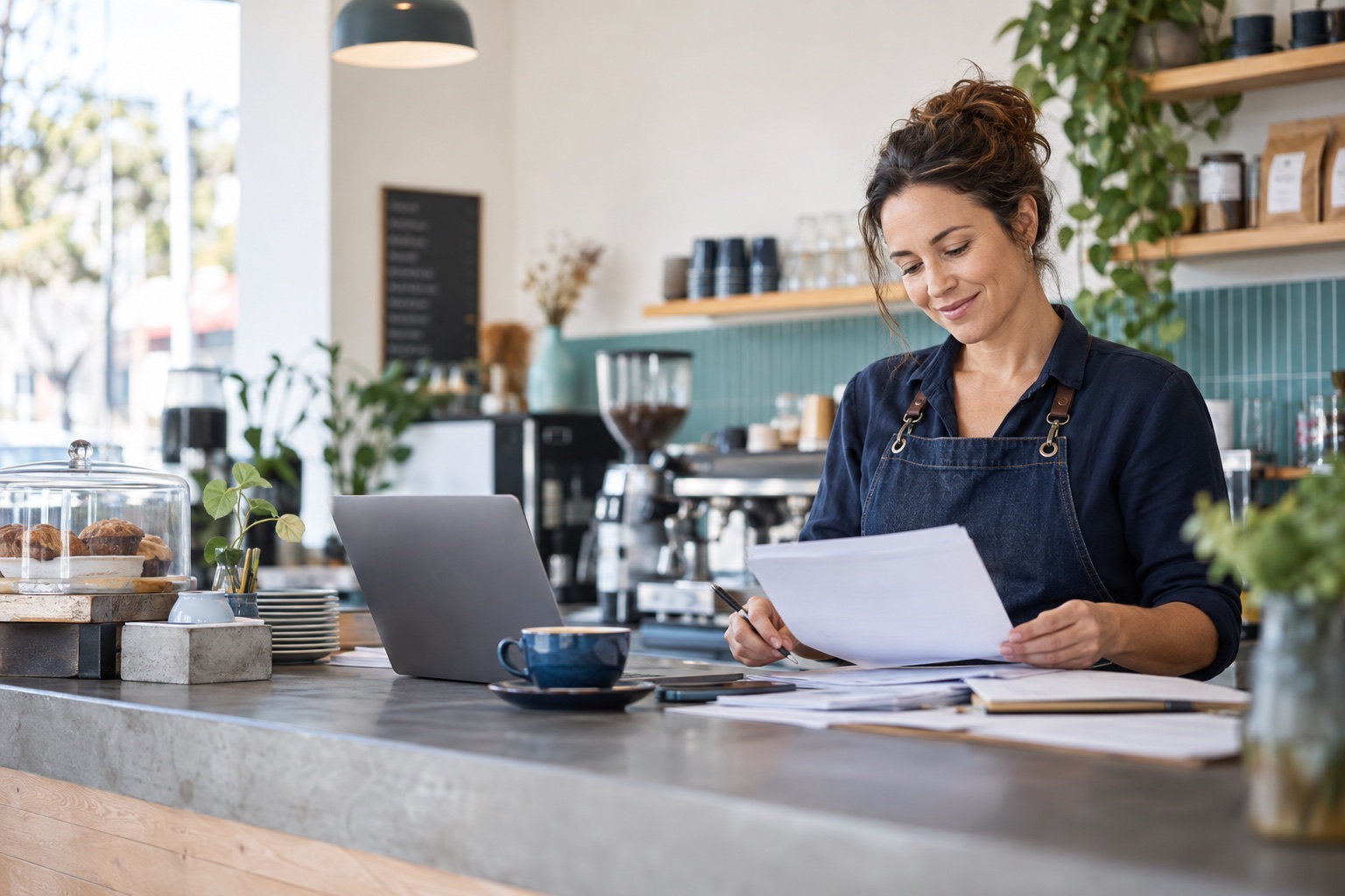 Illustrative image of a small business owner reviewing paperwork in her café
